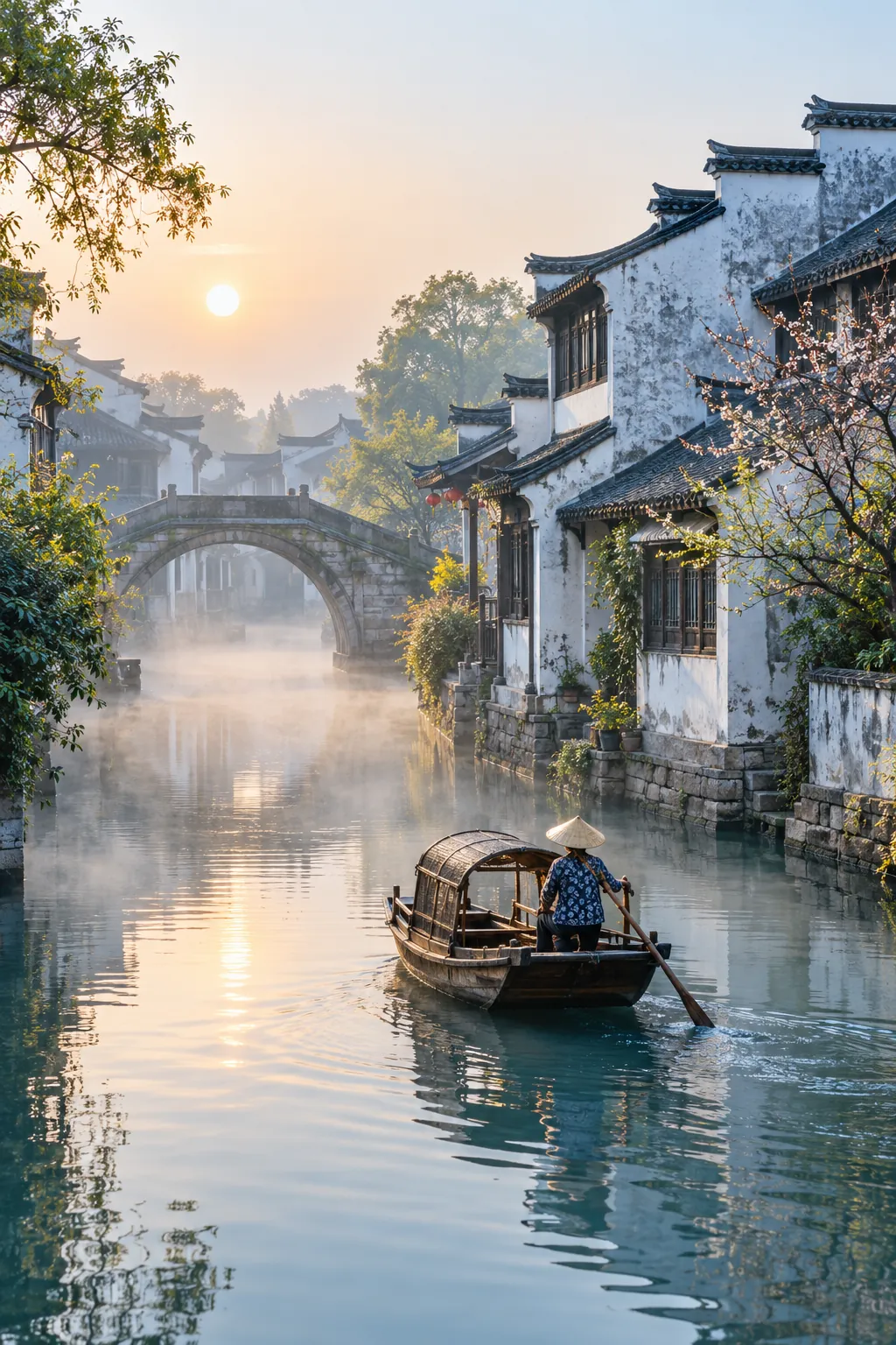 Morning boats in a water town
